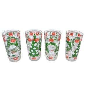 4 Vtg Hazel Atlas Christmas Tree New Year Glass Tumblers 60s MCM